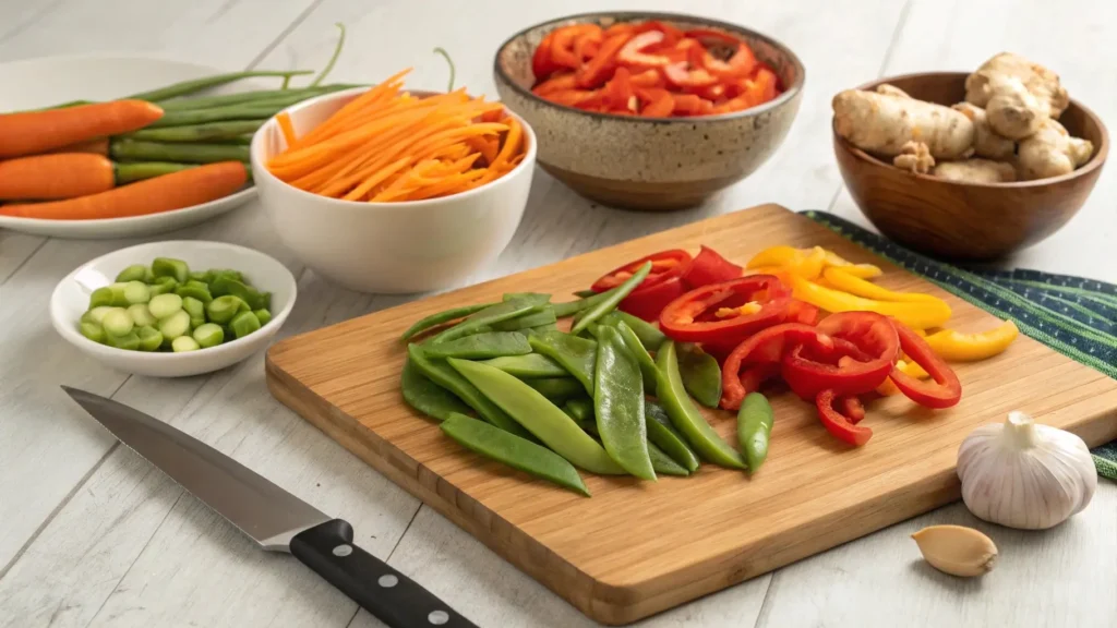 Fresh vegetables prepared for fishcakes and scallops stir fry