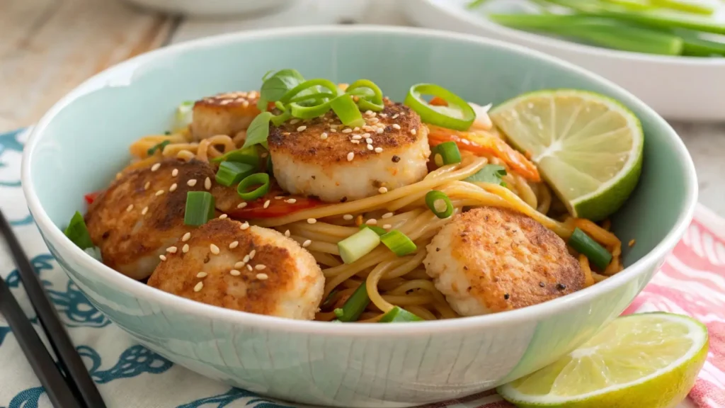 Fishcakes and scallops stir fry served with noodles