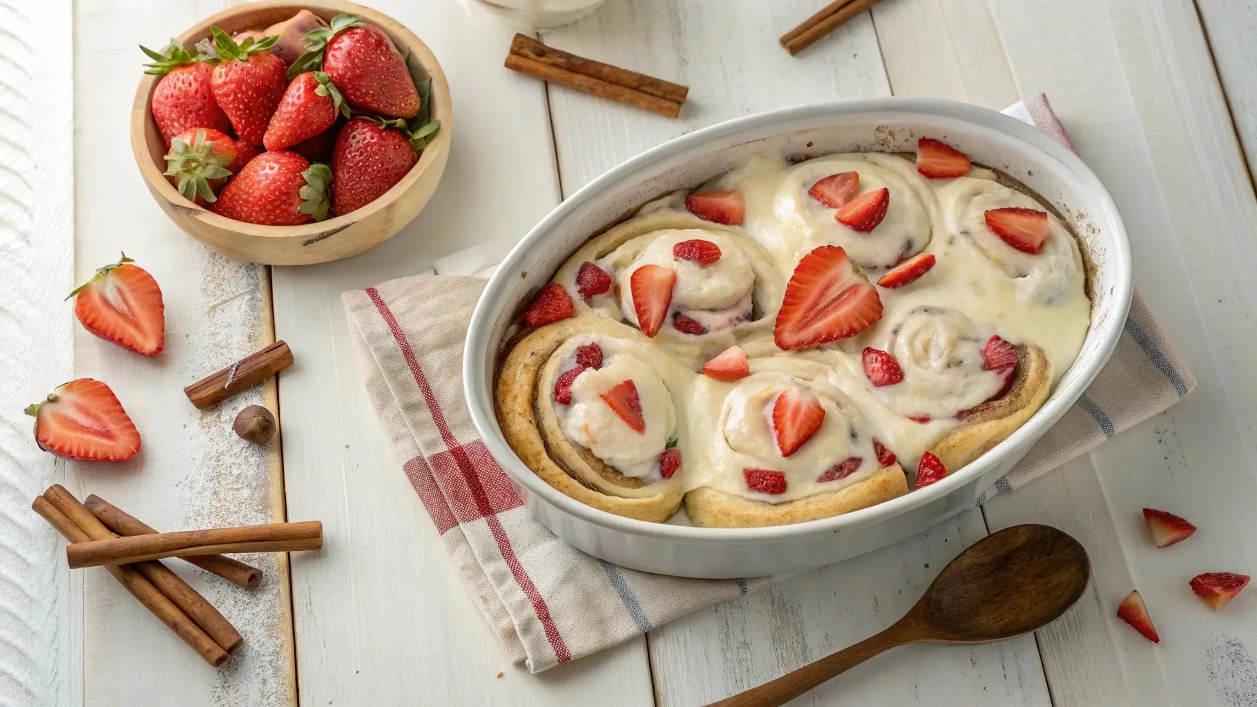 Strawberry cheesecake cinnamon rolls with cream cheese frosting and fresh strawberries