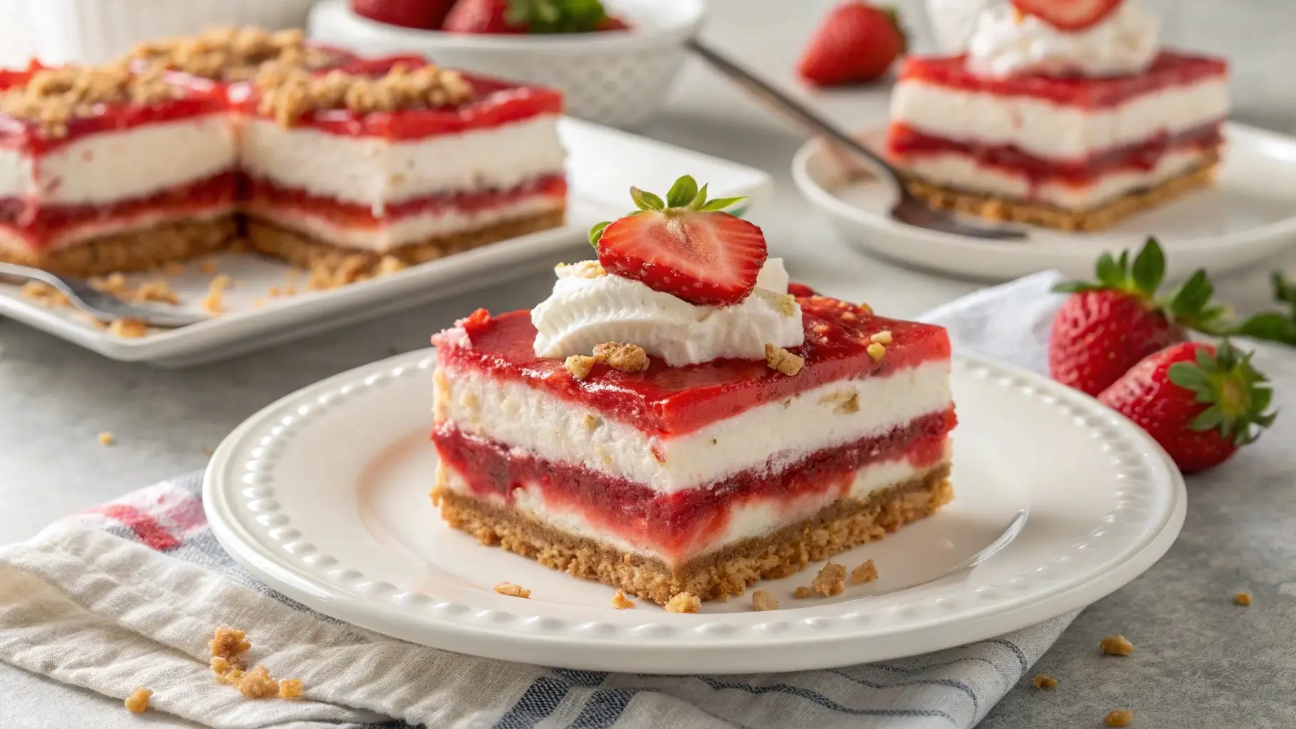 Beautifully layered strawberry lasagna dessert with fresh strawberries