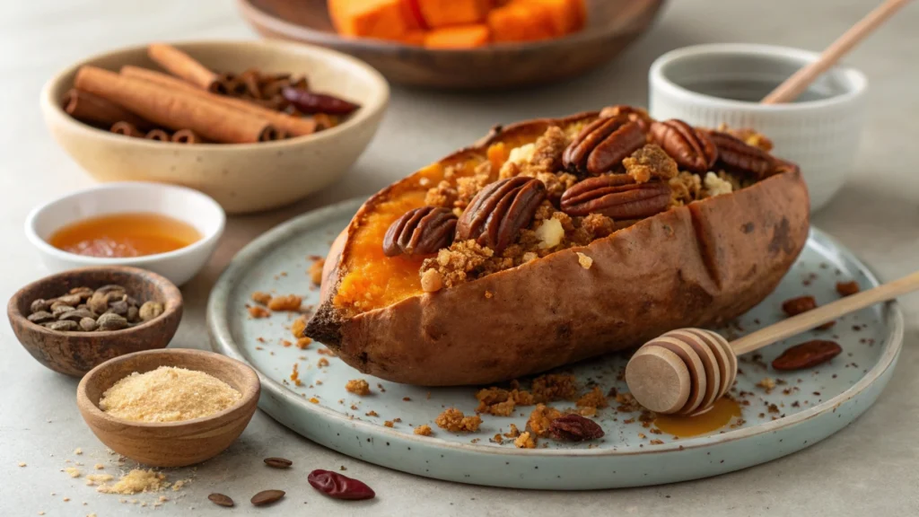 Sweet baked sweet potatoes topped with cinnamon, brown sugar, pecans, and honey