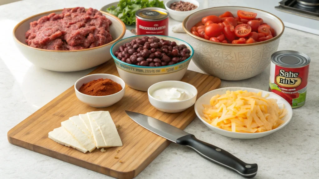 Ingredients for taco soup frios recipe arranged on a kitchen counter