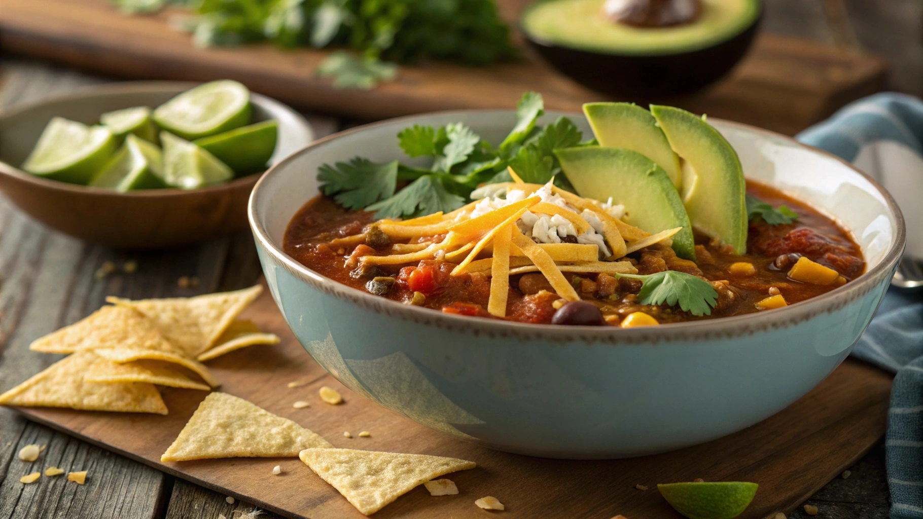 Bowl of taco soup frios topped with cheese, avocado, and tortilla chips