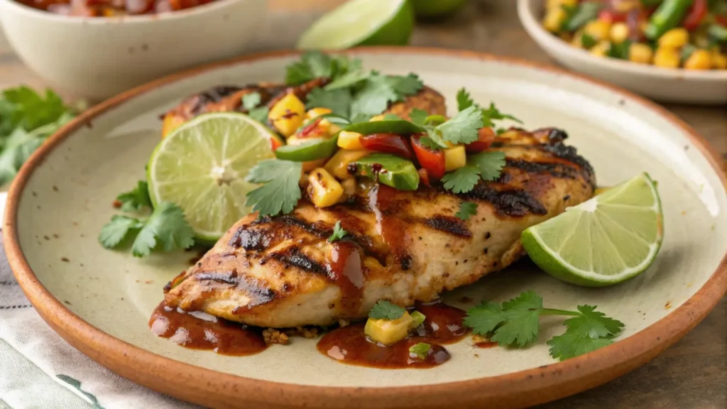 Plated San Antonio grilled Mexican chicken with garnishes	