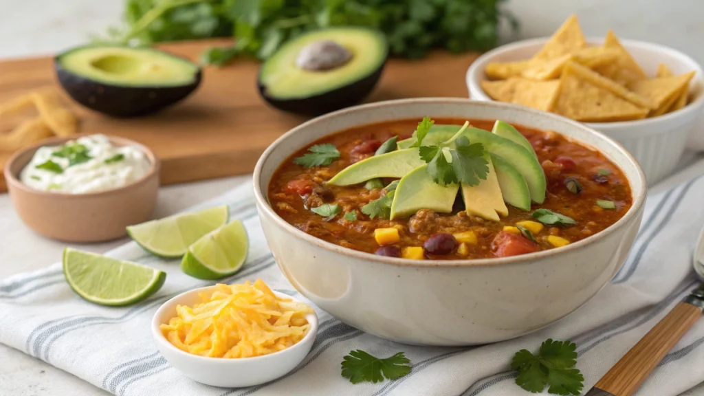 Bowl of taco soup frios with toppings like lime, cheese, and avocado