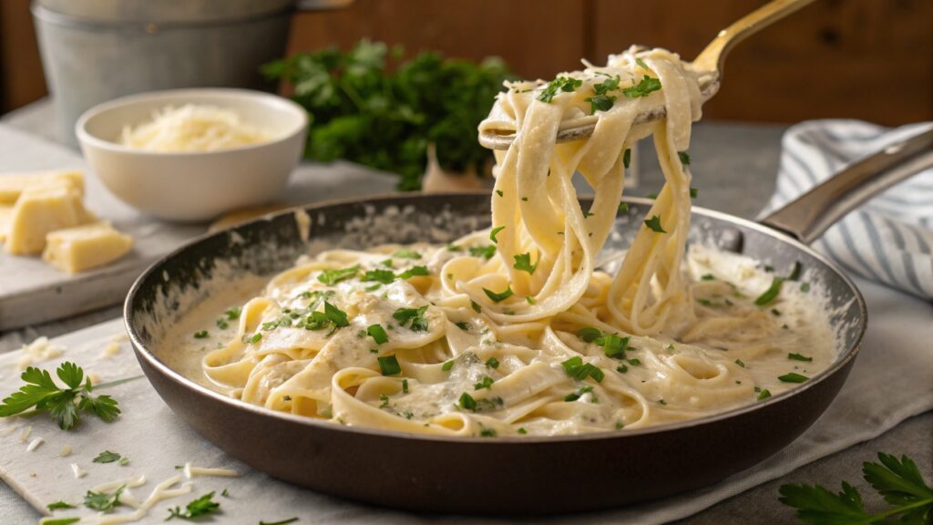 Fettuccine pasta tossed in cottage cheese Alfredo sauce