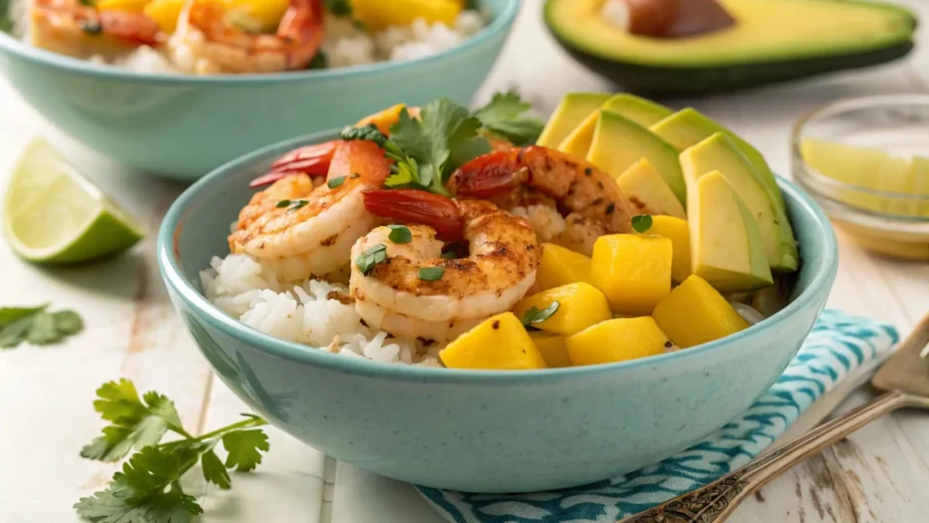 Tropical shrimp bowl with coconut rice and mango