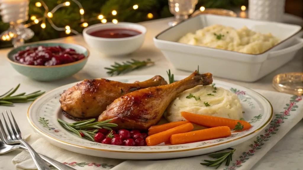 Turkey drumsticks served with holiday side dishes