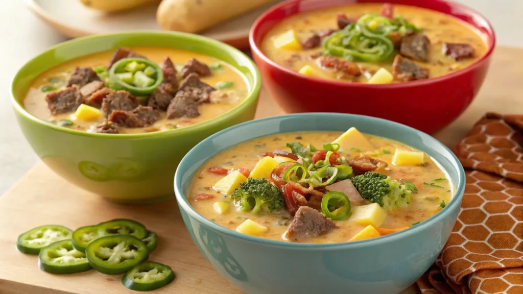 Three bowls of cheesy hamburger potato soup with bacon, broccoli, and jalapeños