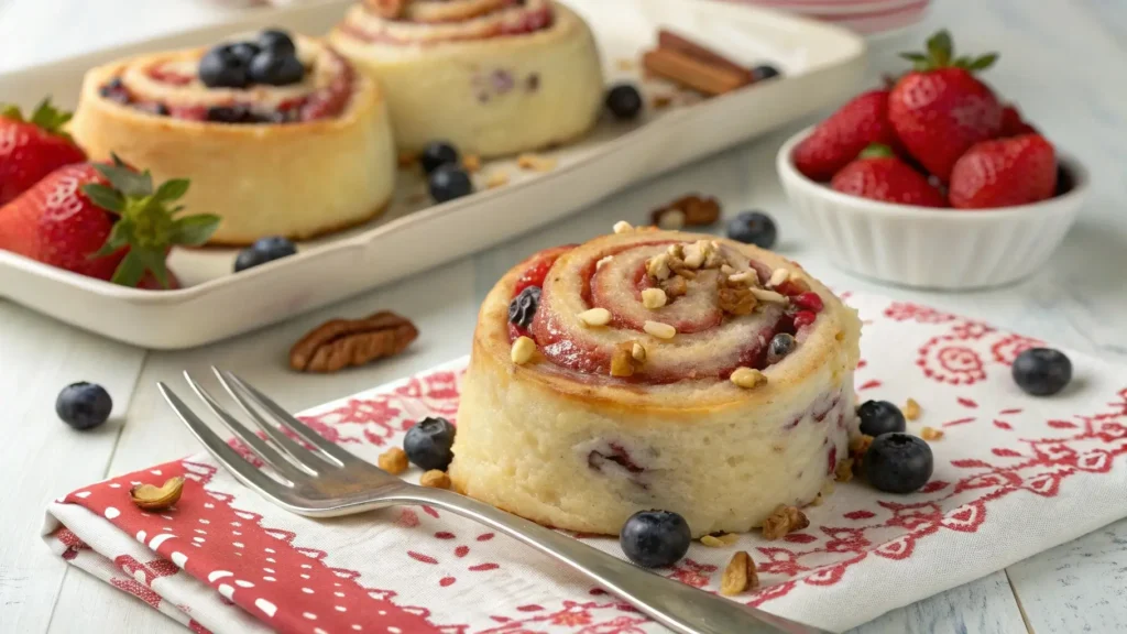 Strawberry cheesecake cinnamon rolls topped with blueberries and nuts