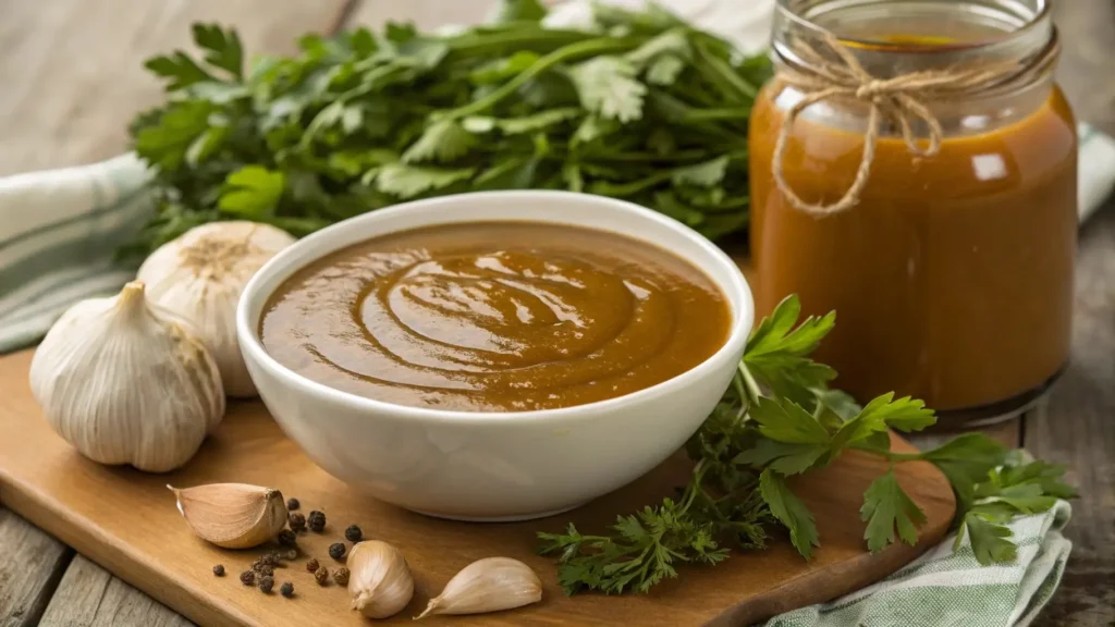 Bowl of vegan brown gravy surrounded by fresh herbs and vegetable broth