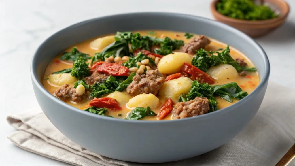 Vegan sausage and gnocchi soup with kale and tomatoes.