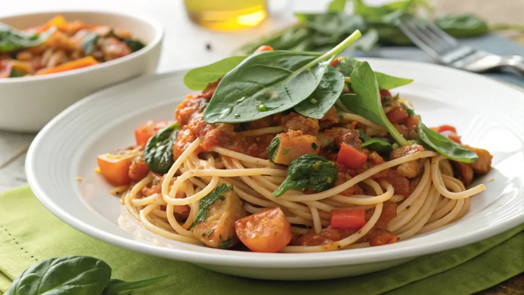 Vegetarian crockpot spaghetti with spinach and vegetables