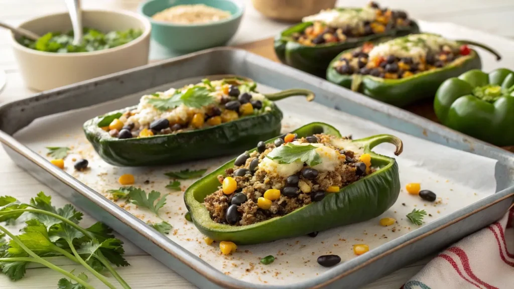 Vegetarian stuffed poblano peppers with black beans and corn