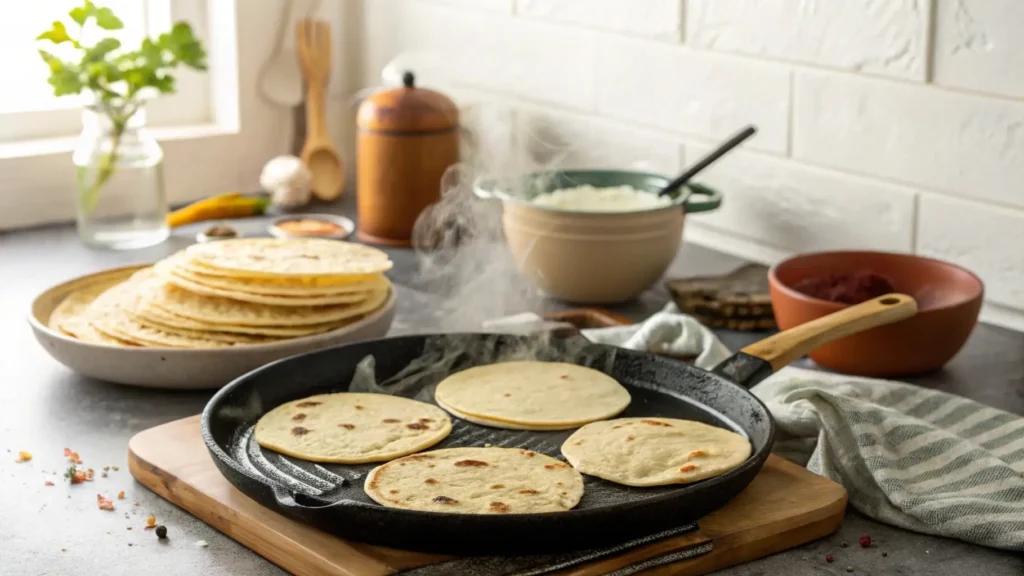 Warmed tortillas with charred edges on a skillet