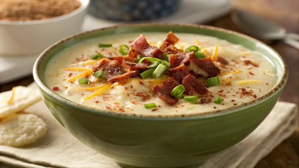 Garnishing hash brown potato soup recipe with toppings