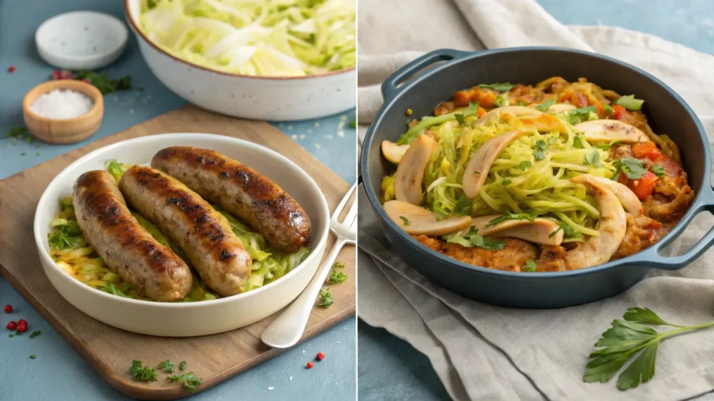 Cooking mistakes: overcooked vs. perfect cabbage and sausage