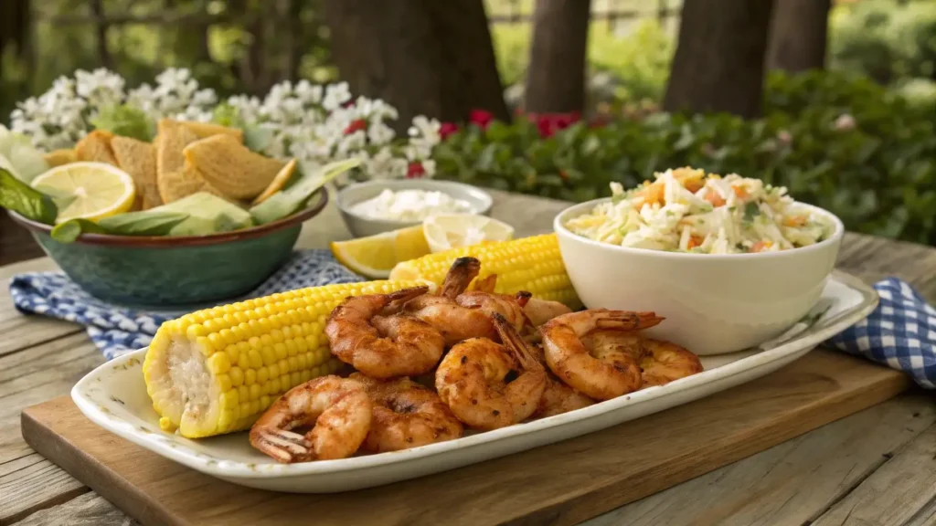 BBQ shrimp served with corn, coleslaw, and lemon wedges