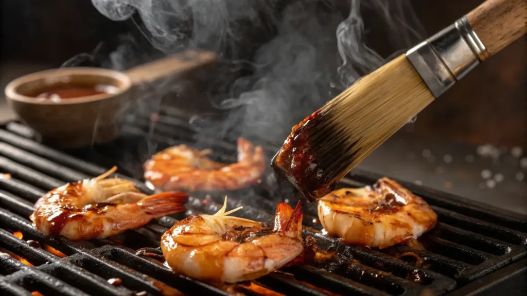 BBQ shrimp cooking on a grill with BBQ sauce glaze