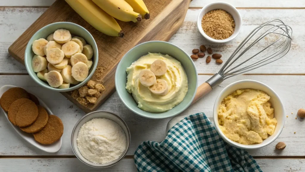 Ingredients for banana pudding brownies on a rustic kitchen table