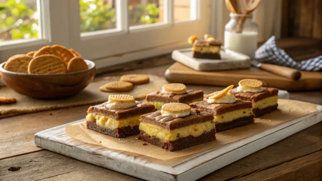 Warm banana pudding brownies on a wooden table with sunlight