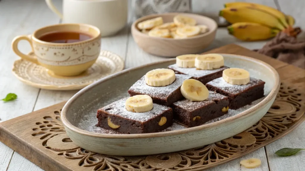 Banana pudding brownies served on a rustic ceramic platter