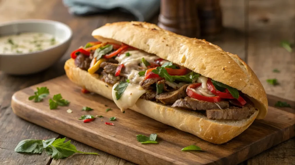 Assembling steak sandwich recipe with fresh ingredients