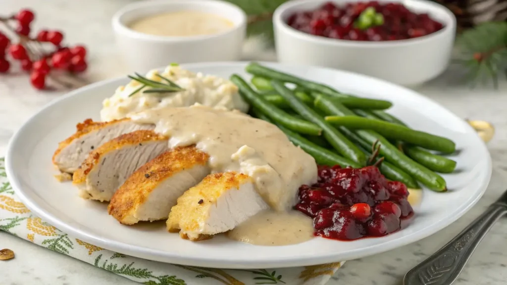 Chicken dressing recipe served with gravy and sides