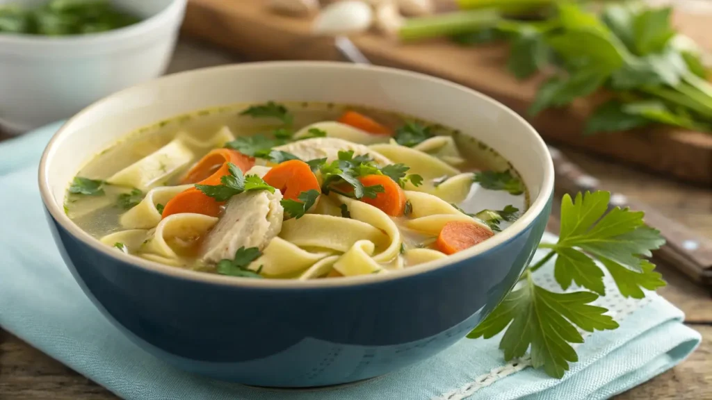 Gluten-free egg noodles in chicken soup