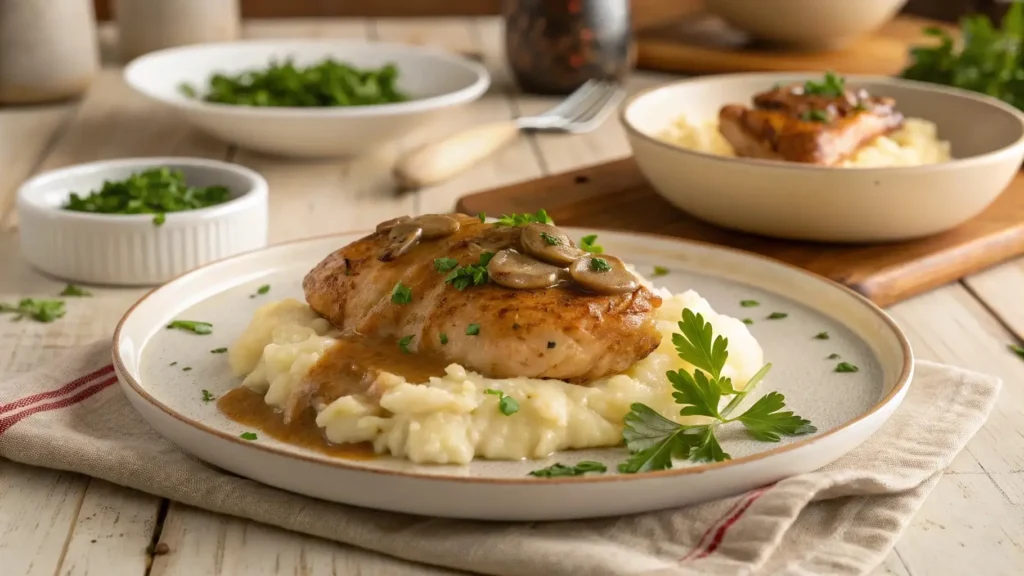 Chicken and gravy served with mashed potatoes