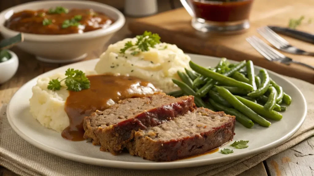 Cracker Barrel Meatloaf served with mashed potatoes and green beans