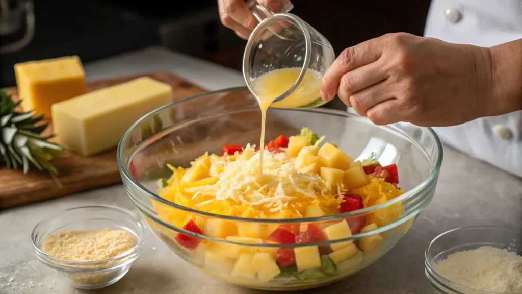 Mixing pineapple and cheese for a pineapple casserole recipe