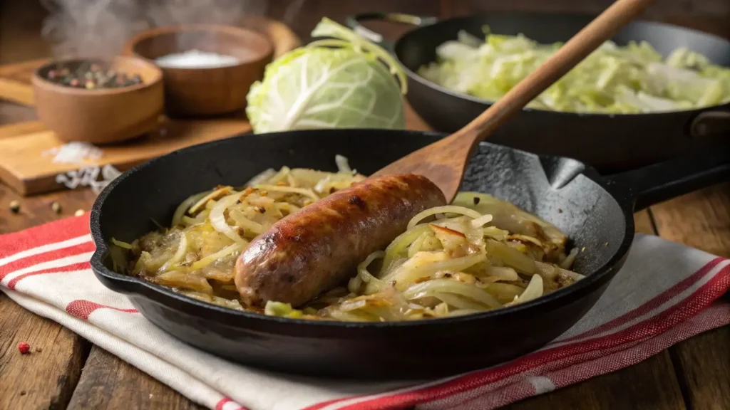 Sausage and cabbage cooking in skillet