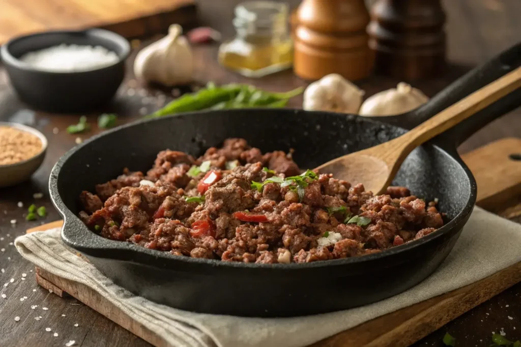 Ground beef being cooked for a burger bowl recipe