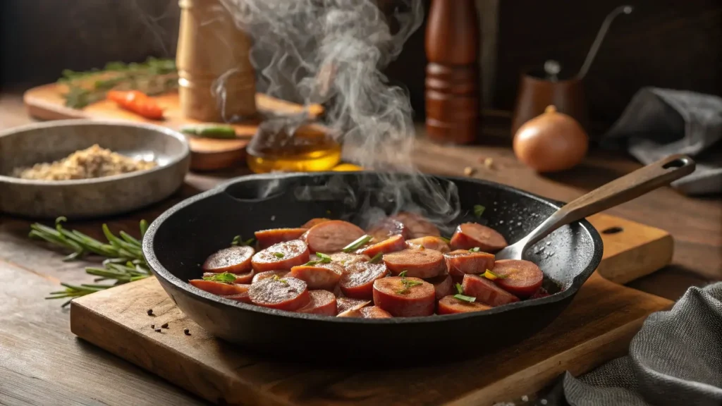 Sautéing kielbasa for kielbasa and pasta recipe