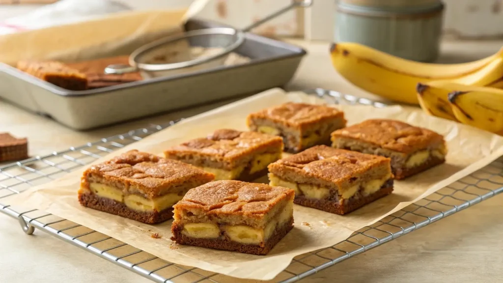 Banana pudding brownies cooling on a wire rack