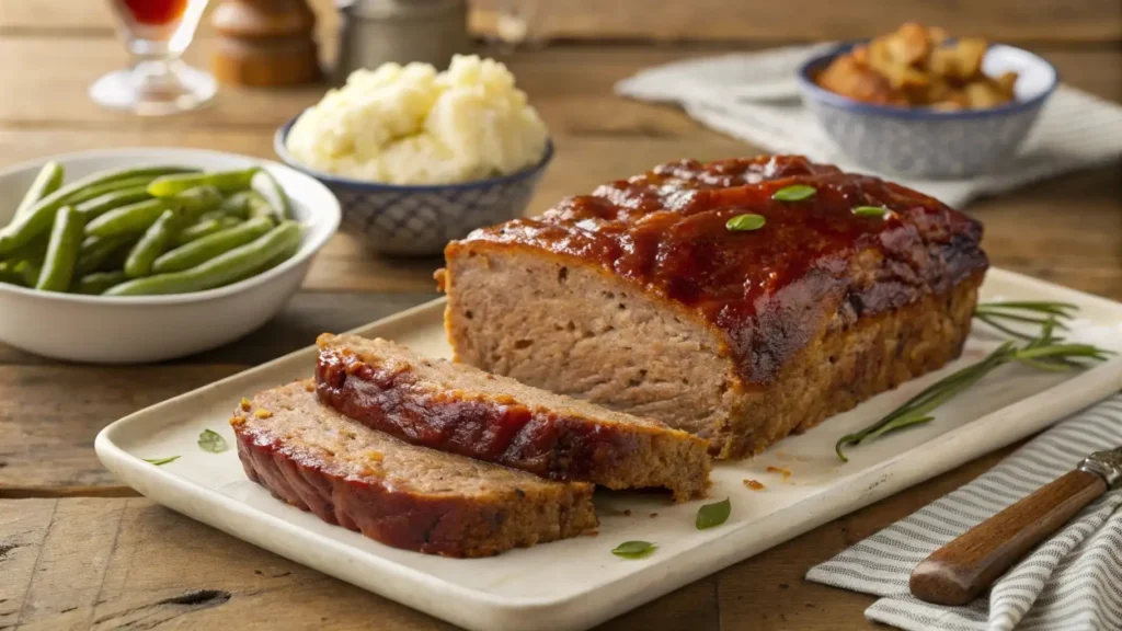 Cracker Barrel Meatloaf served with mashed potatoes and green beans