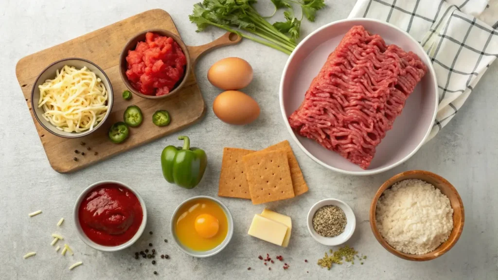 Ingredients for Cracker Barrel Meatloaf on a wooden countertop