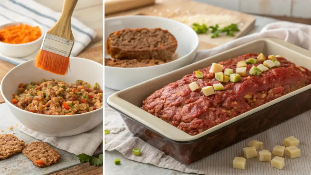 Preparing Cracker Barrel Meatloaf step-by-step with glaze application