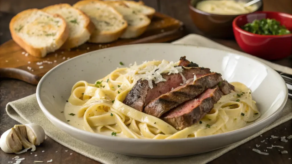 Creamy steak pasta with fettuccine and garlic bread