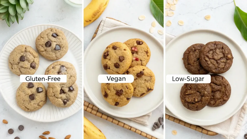 Variations of banana bread cookies recipe including gluten-free and vegan options