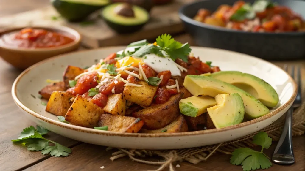 Mexican Potatoes Breakfast with avocado, salsa, and cheese