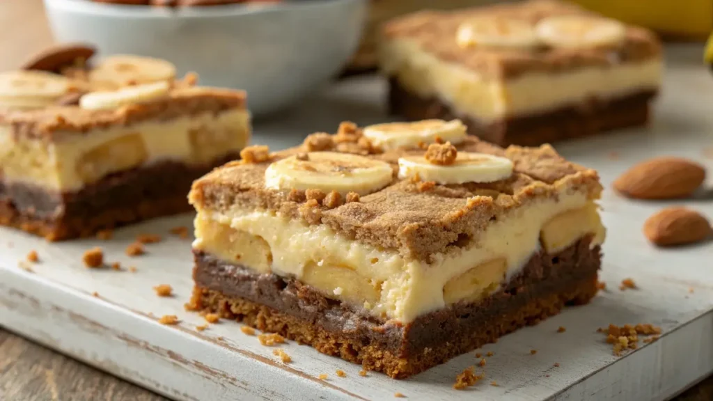 Close-up of banana pudding brownies showing layers of filling