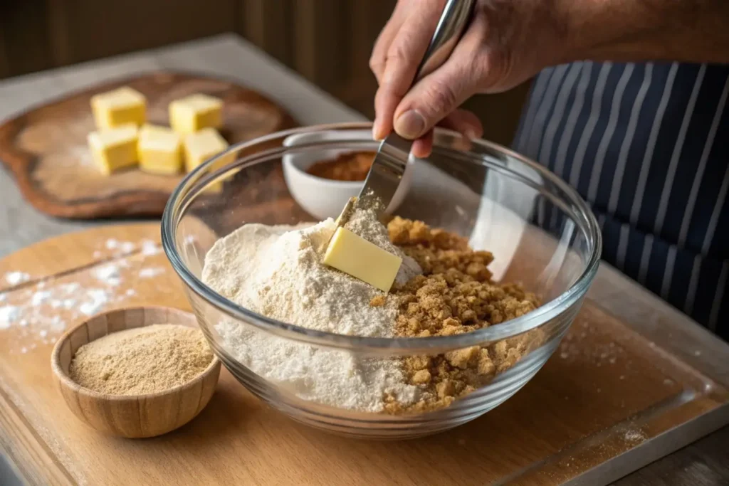 Mixing crumble topping for a peach crumble recipe