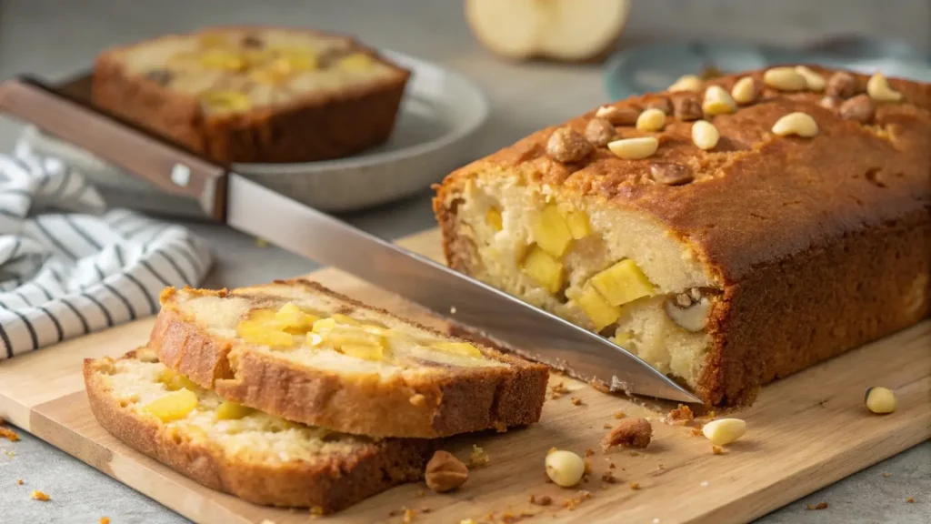 Slicing Hawaiian banana bread recipe to reveal its goodness