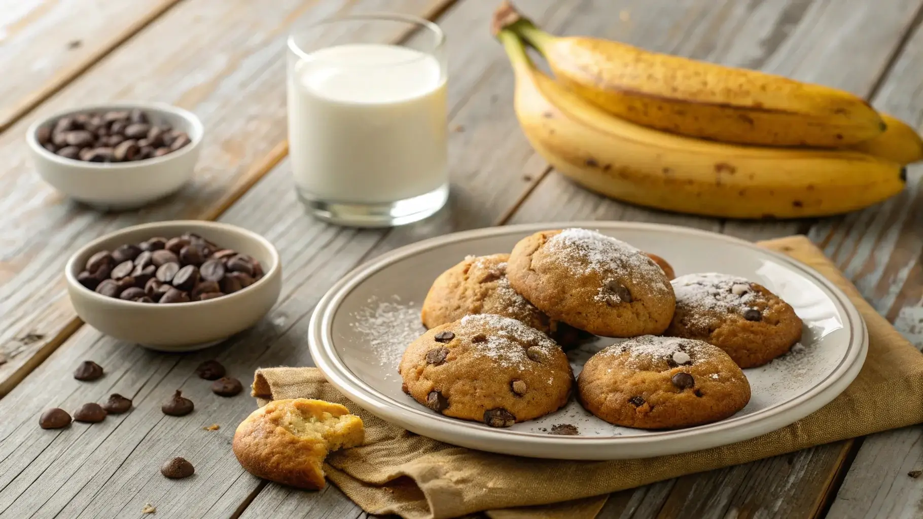 Golden banana bread cookies recipe with fresh bananas and chocolate chips