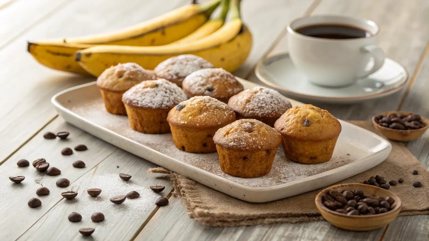 Golden banana bread mini muffins recipe with fresh bananas and chocolate chips