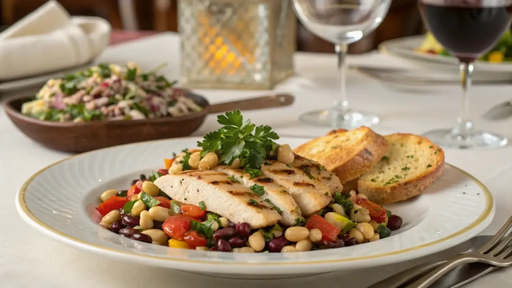 Serving dense bean salad with grilled chicken