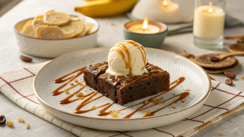 Banana bread brownie served with ice cream and caramel drizzle