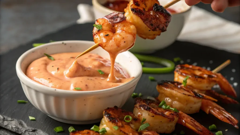 BBQ shrimp skewers dipped in garlic aioli